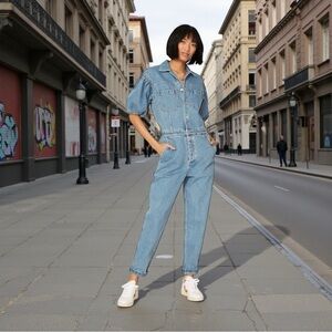 🌻Scotch & Soda Blue Denim  Balloon Sleeves Short Sleeve Jumpsuit Size Small